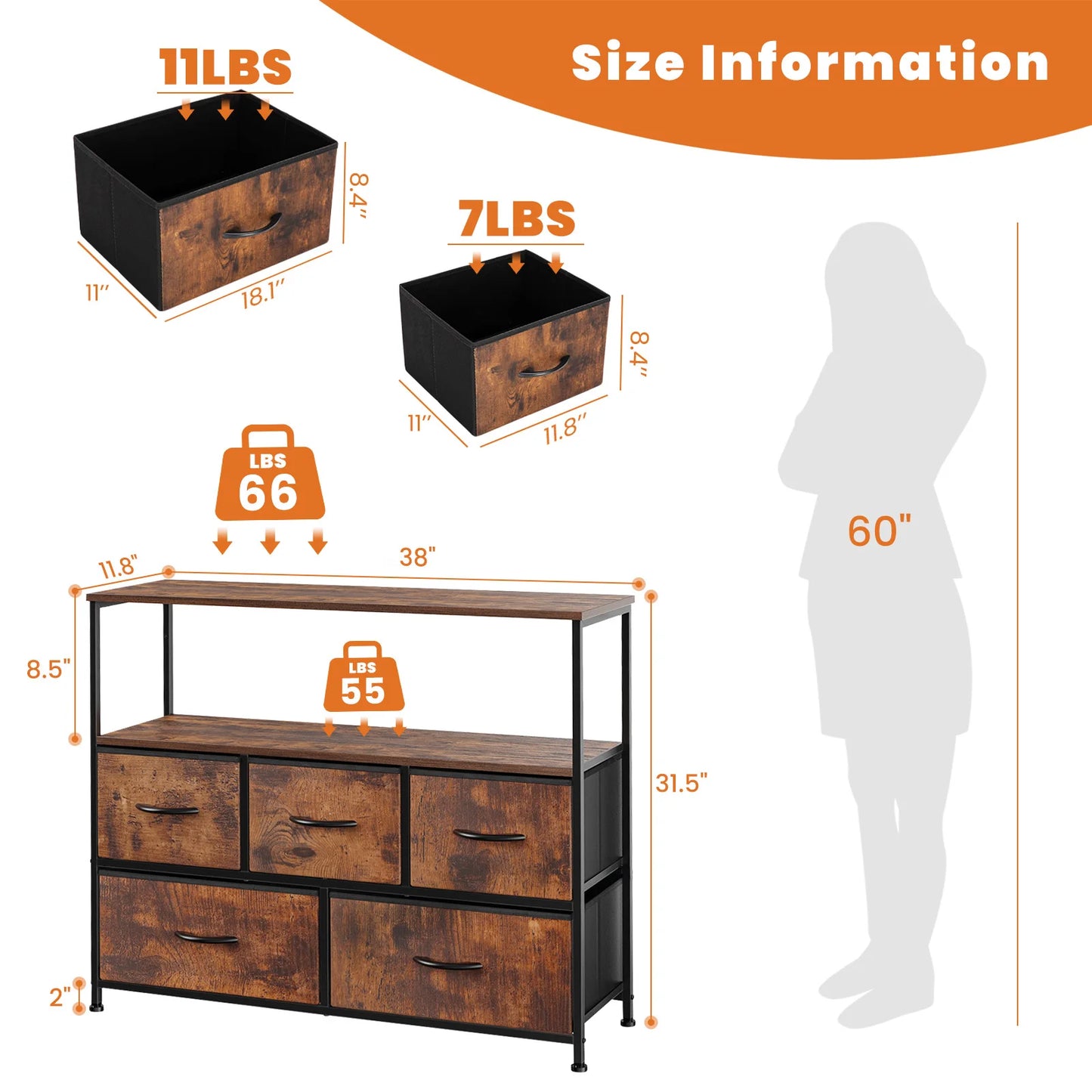 Shoe Cabinet Dresser With Five Fabric Drawers For Home