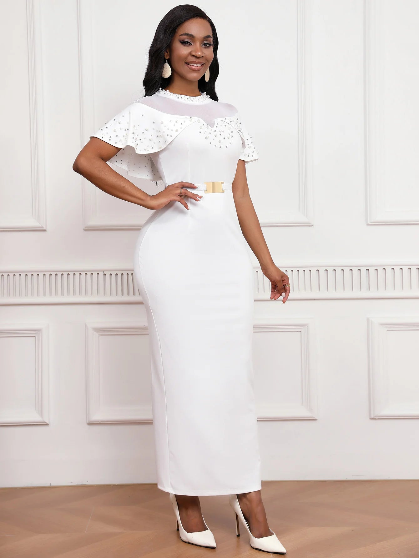 MSHIGHBEAUTY Elastic Banquet Dress With Beaded Tulle Shawl Sleeves Belted