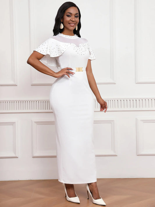 MSHIGHBEAUTY Elastic Banquet Dress With Beaded Tulle Shawl Sleeves Belted