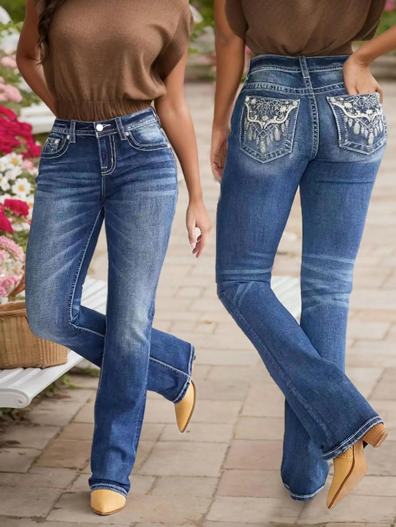 Flare Womens Jeans With Embroidered Wash Details For Comfort