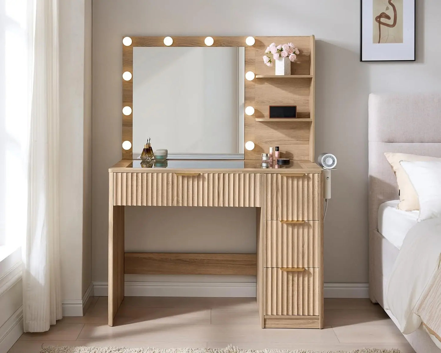 Fluted Vanity Desk With Mirror And Adjustable LED Lights