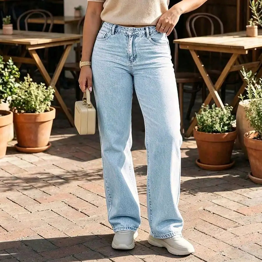 Women's Mid Rise Straight Leg Denim Jeans Loose Fit