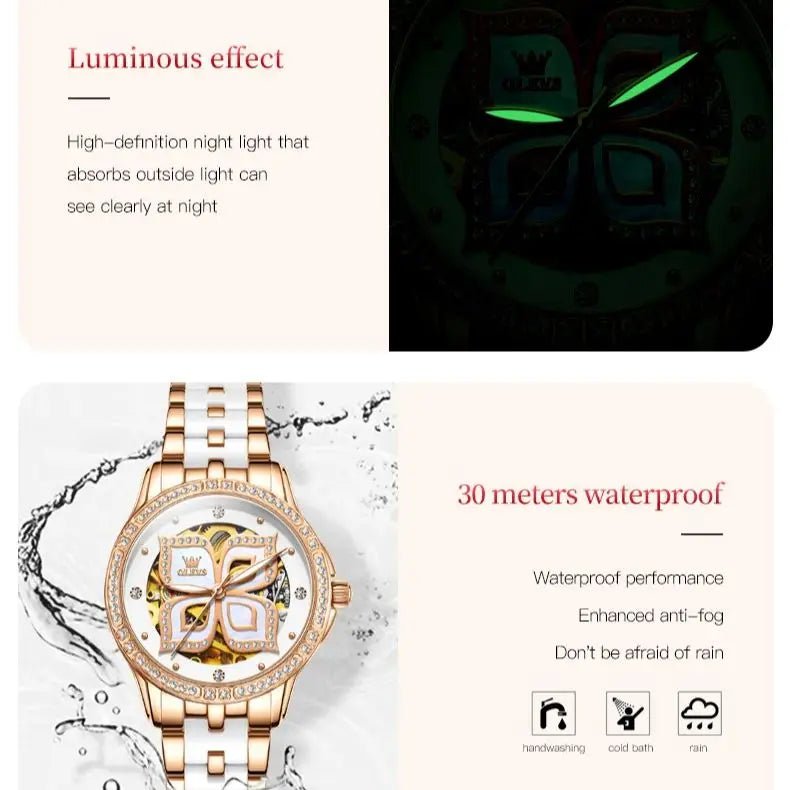 OLEVS Diamond Mechanical Waterproof Watch Gift Set for Women