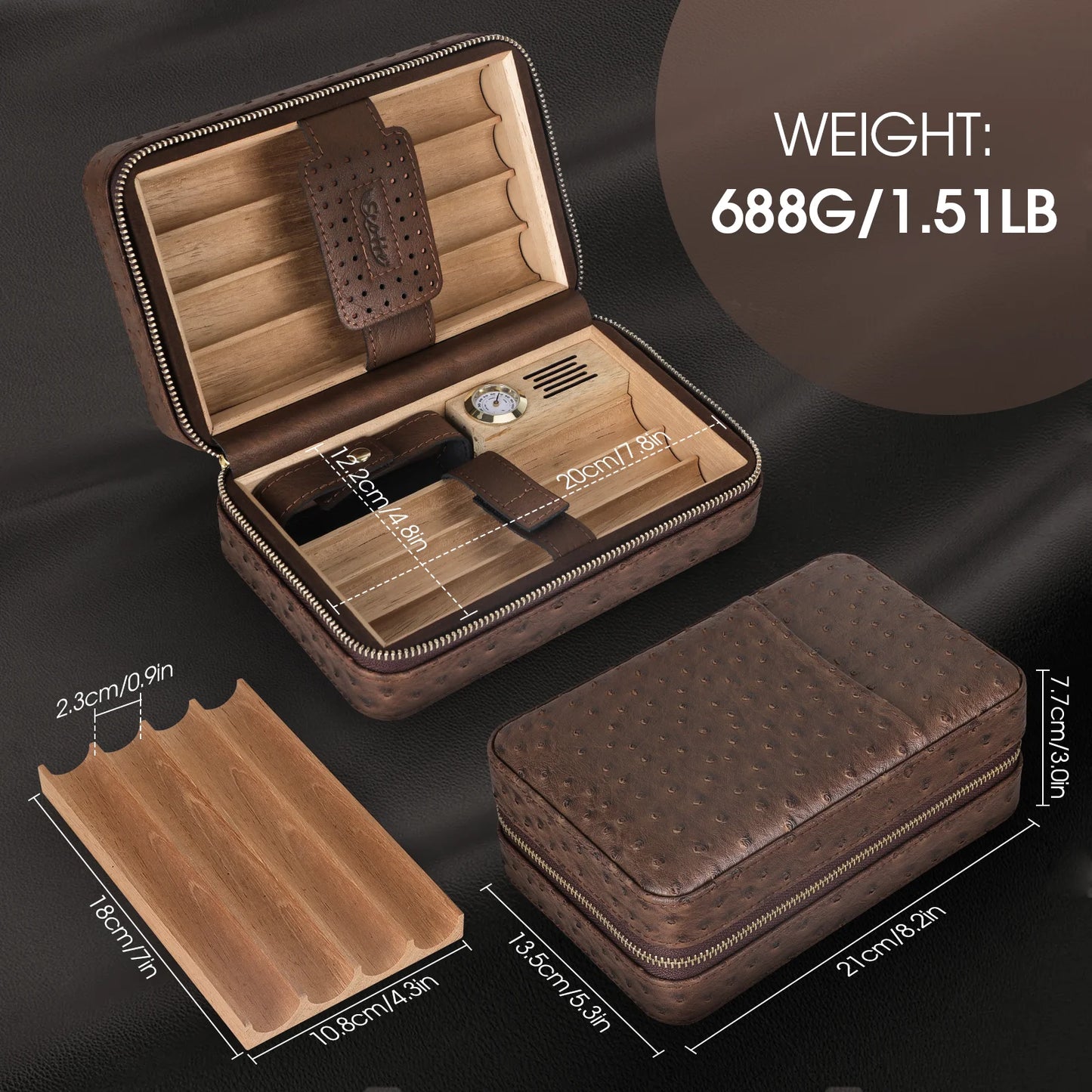 Tesonway Portable Cigar Humidor Leather Case With Cedar Lining Hygrometer