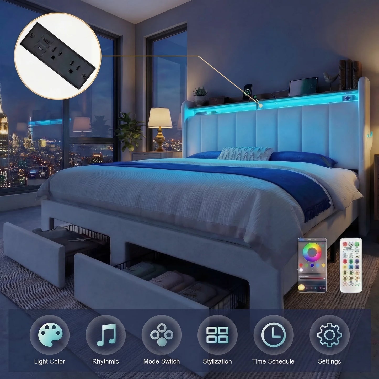 HOOMIC Bed Frame With 2 Storage Drawers, LED Lights