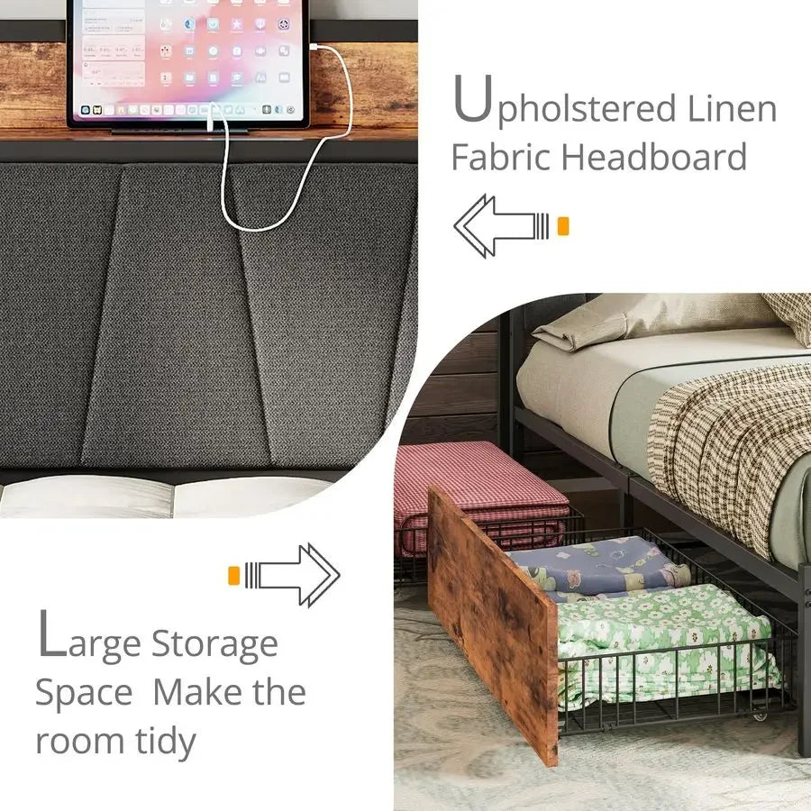 King Platform Bed Frame With 4 Storage Drawers And Headboard