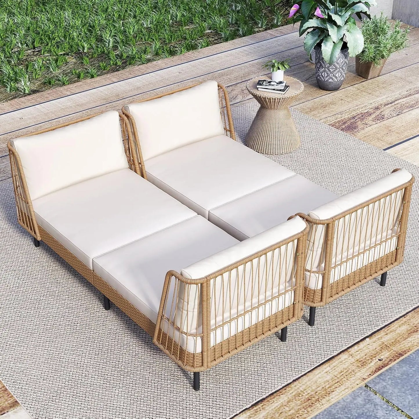 Folded Patio Rattan Daybed Boho Outdoor Wicker Lounge Sofa