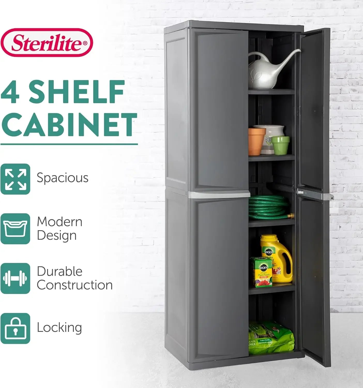 Sterilite Lockable 4-Shelf Cabinet With Adjustable Shelves