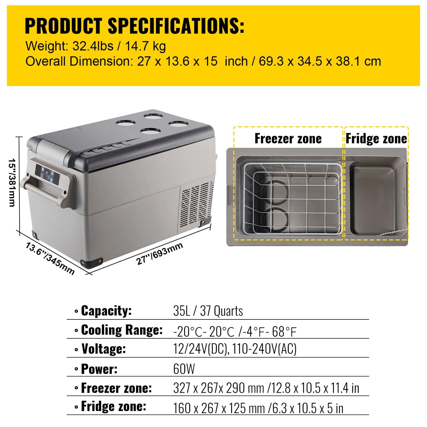 VEVOR Portable Car Mini Fridge Freezer Compressor Cooler