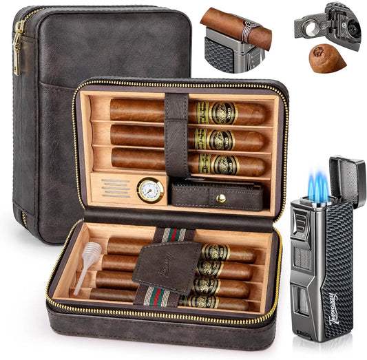 Tesonway Travel Humidor Cigar Case With Leather Cedar Wood Lighter