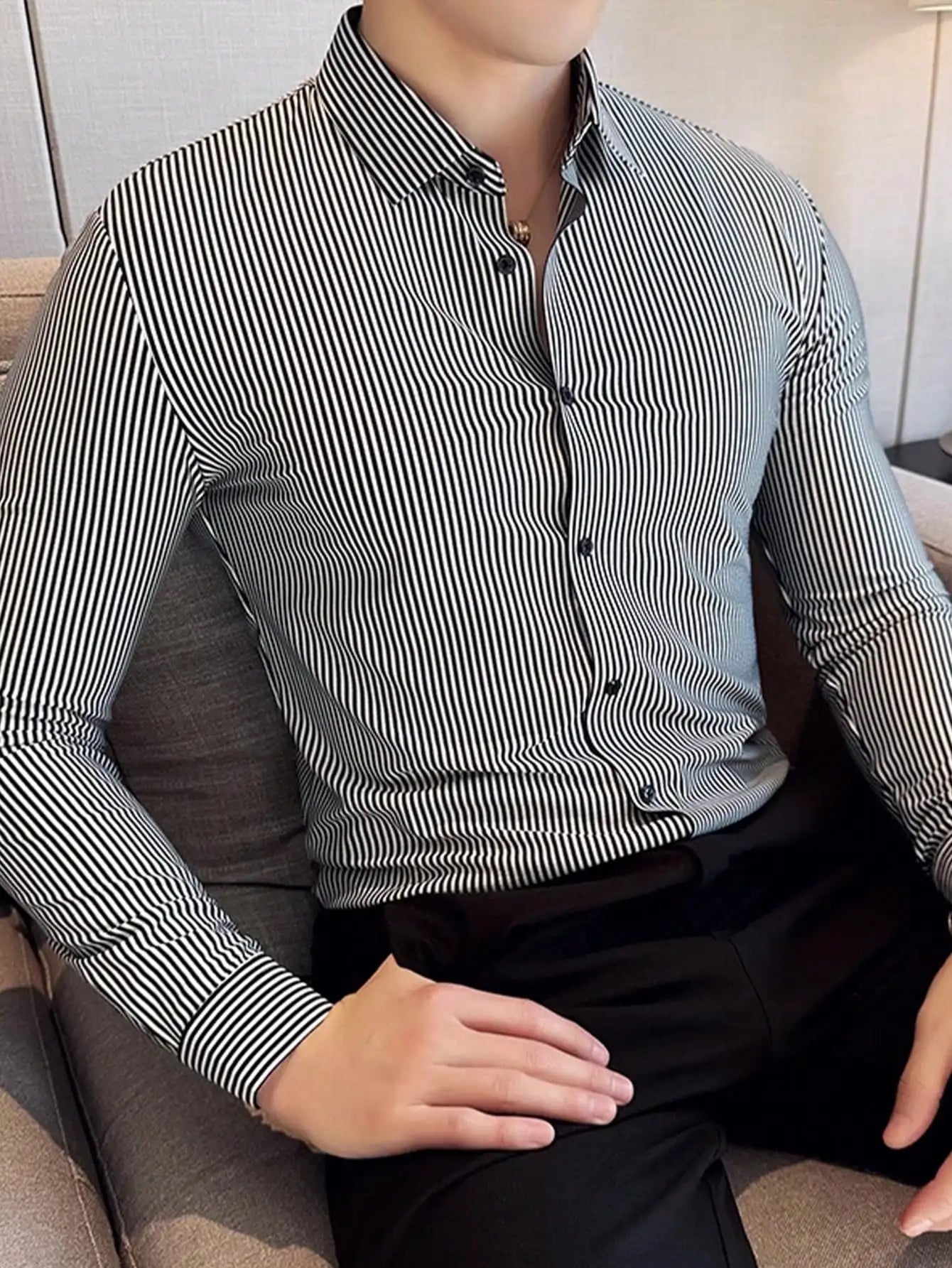 Men's Slim Fit Stripe Long Sleeve Business Casual Shirt