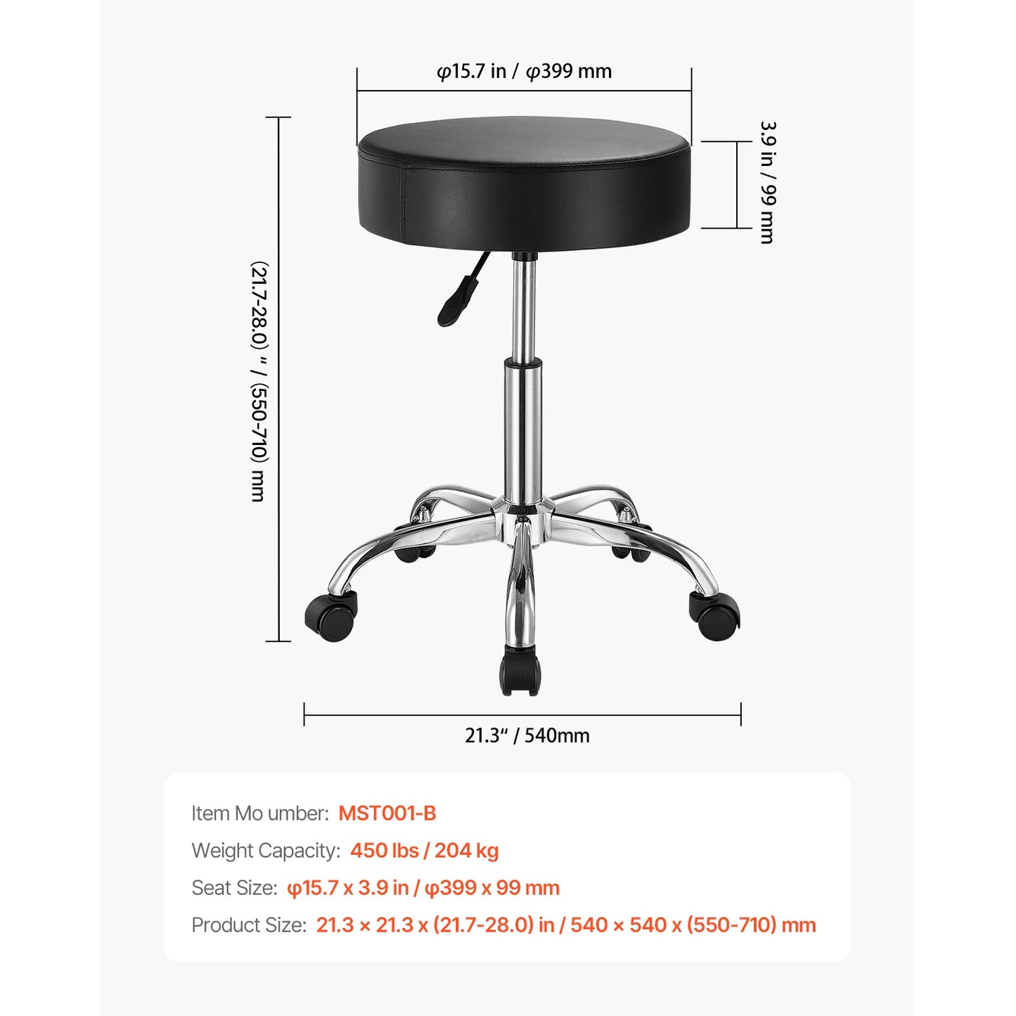 SucceBuy Round Rolling Stool Height Adjustable 450 Lbs Capacity