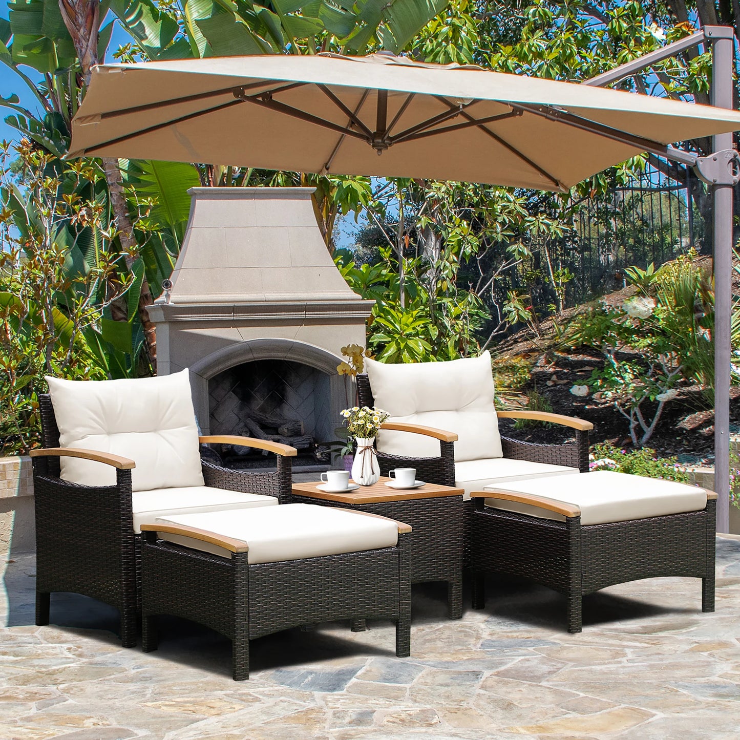 5-Piece Outdoor Patio Rattan Conversation Set with Cushions & Acacia Wood