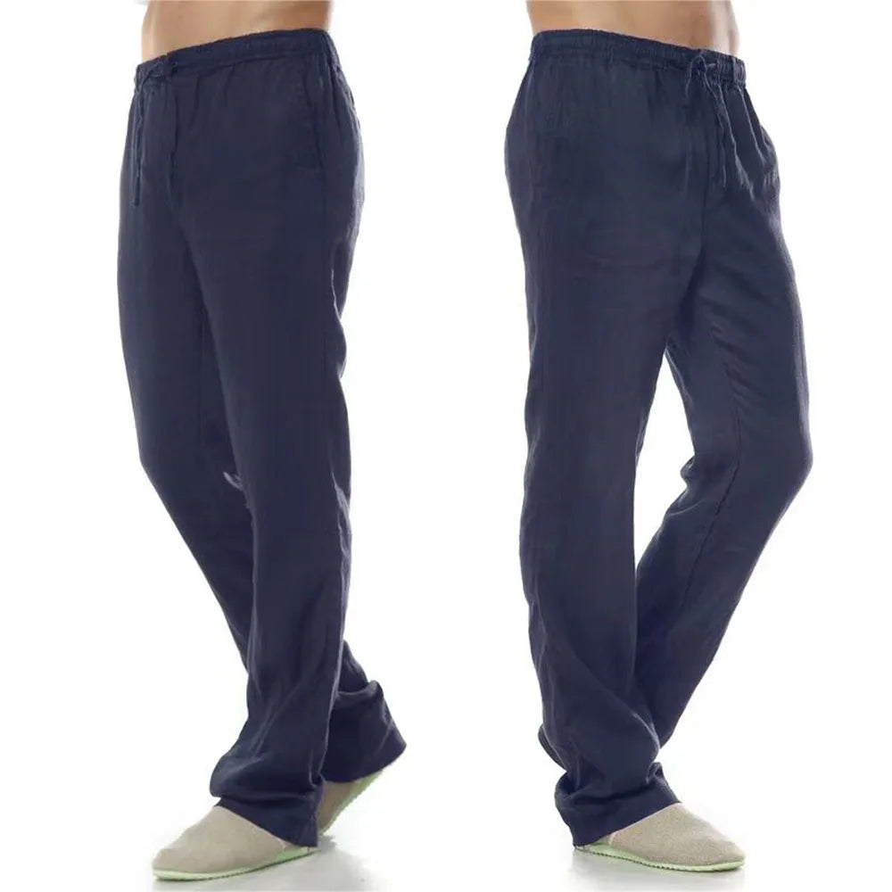 Men's Cotton Linen Pants Autumn Breathable Flat Front Trousers