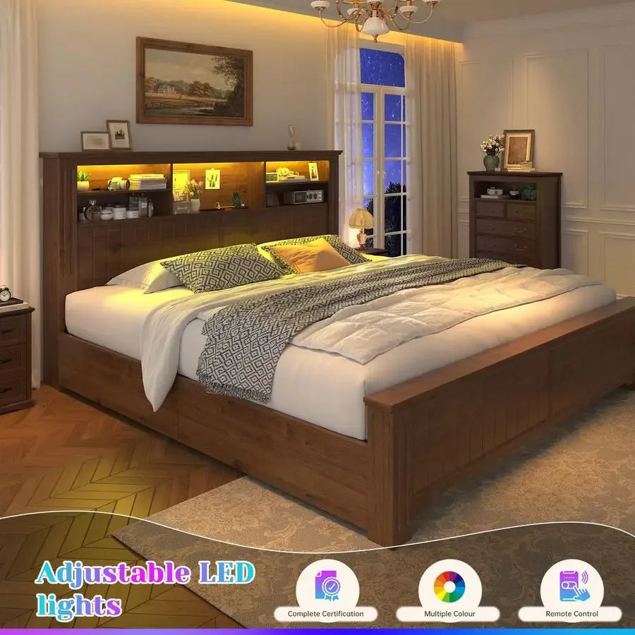 Bed Frame And Headboard With Storage And LED Charging Station