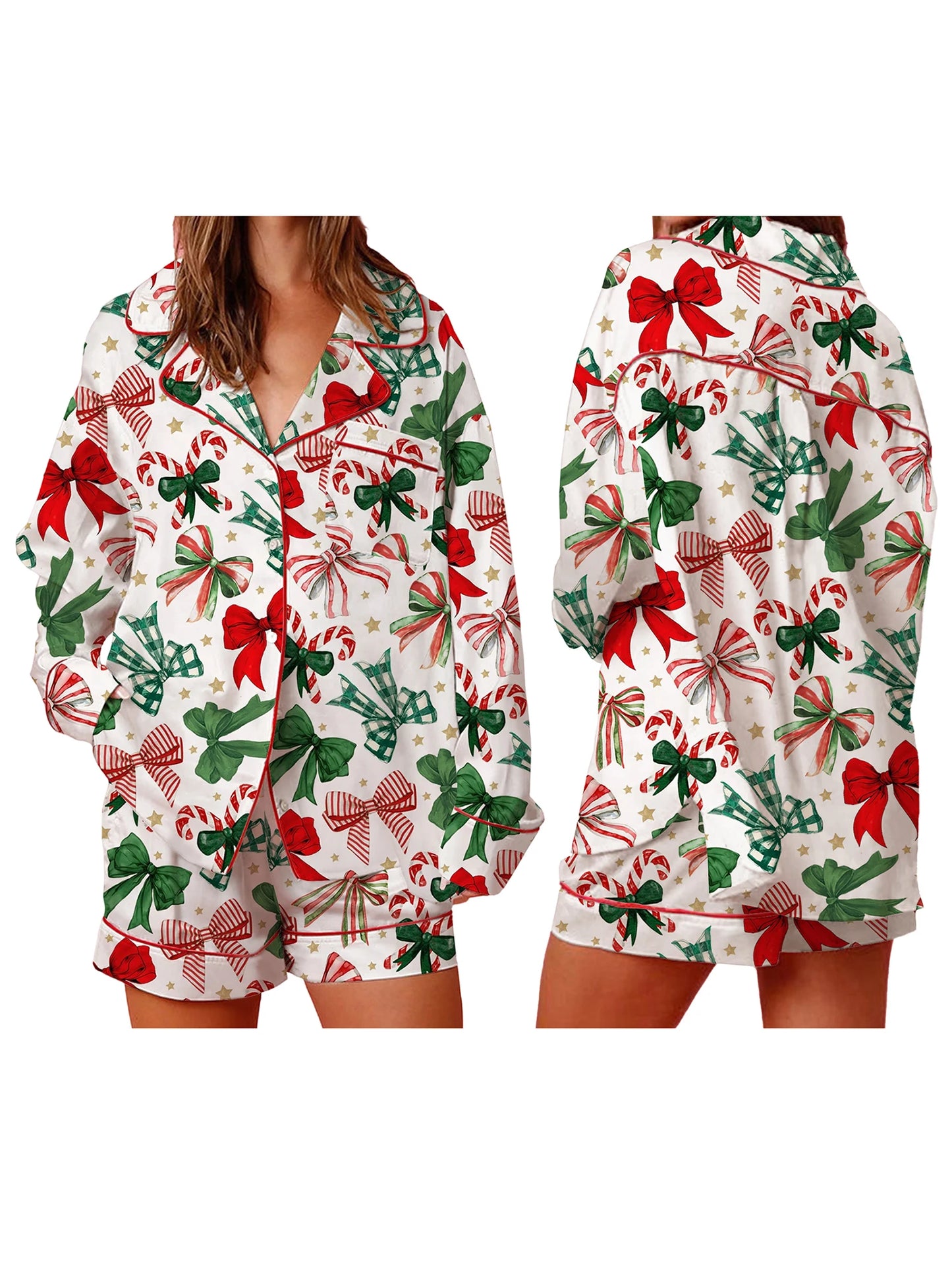 Festive Pajama Set With Long Sleeve Lapel Shirt And Shorts
