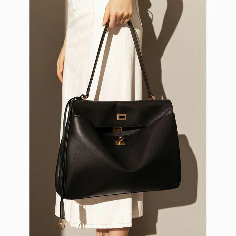 Genuine Leather Women's Large Capacity Handbag with Secure Hasp Closure