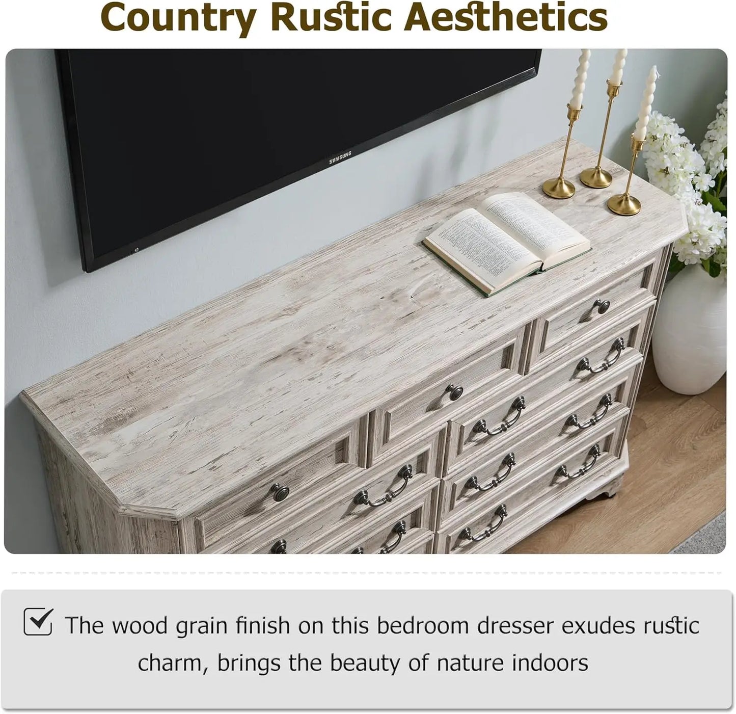 Farmhouse 9-Drawer Wood Rustic Dresser For Bedroom With Natural Texture