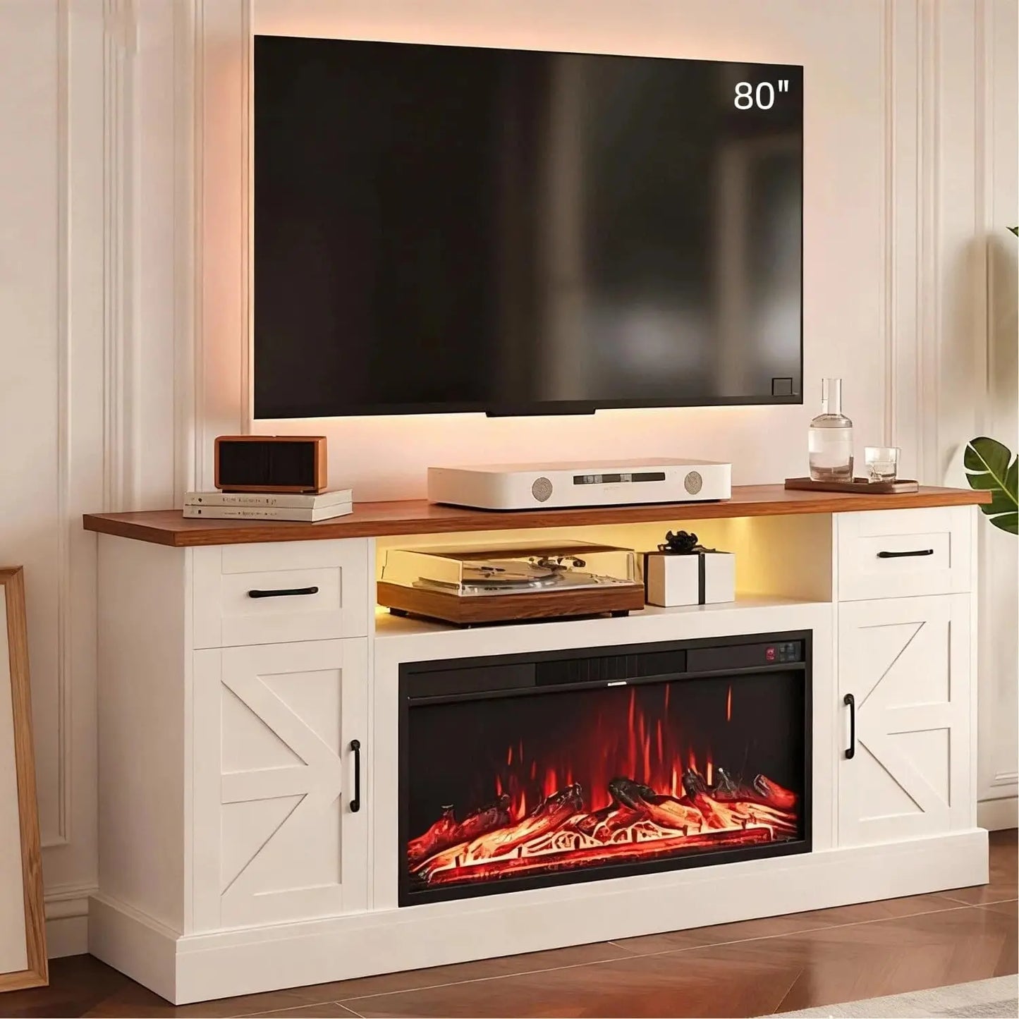 Farmhouse Style Electric Fireplace TV Stand Console Unit