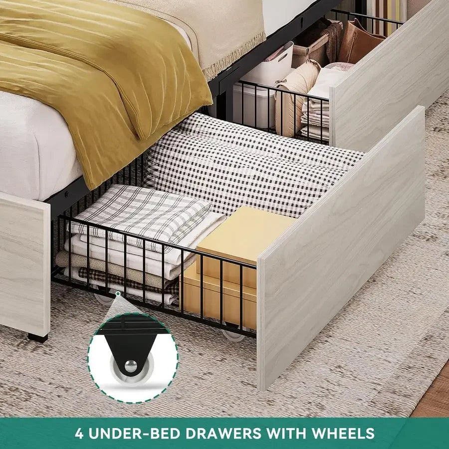 Storage Bookcase Headboard Bed Frame With 4 Drawers