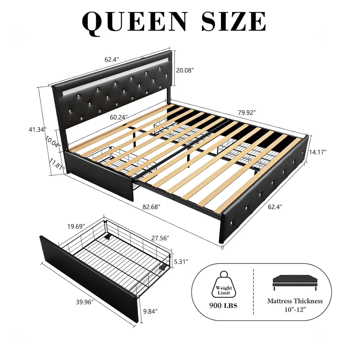 Queen Size Bed Frame with LED Light and Storage Drawers