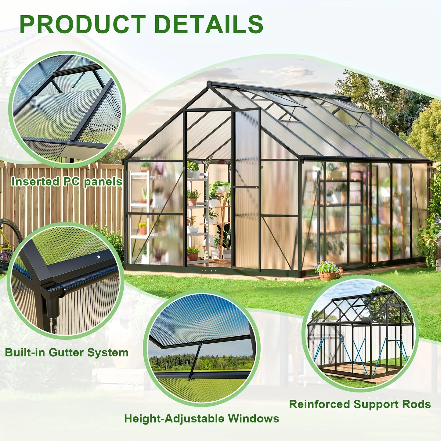 VIWAT Polycarbonate Greenhouse With Aluminum Frame Vented Roof
