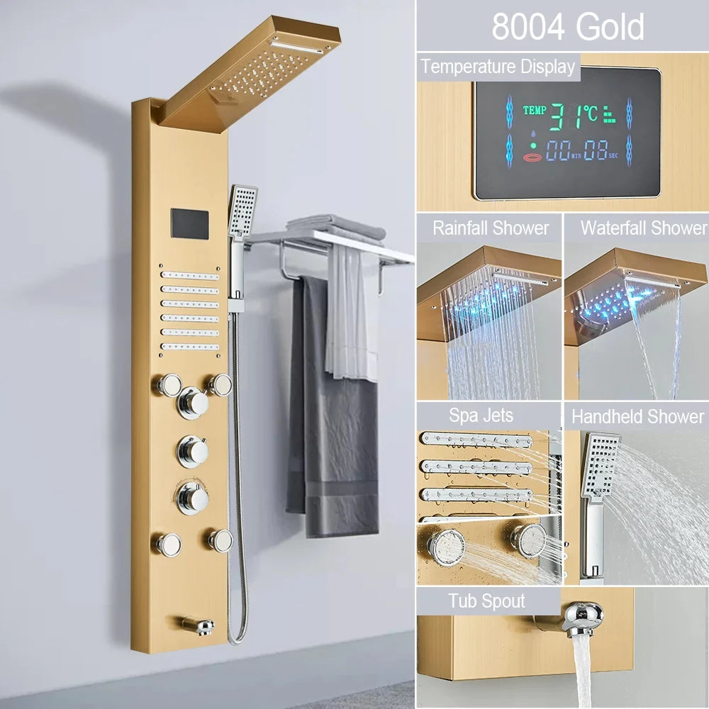 Gold Tone LED Shower Tower System for Bathroom