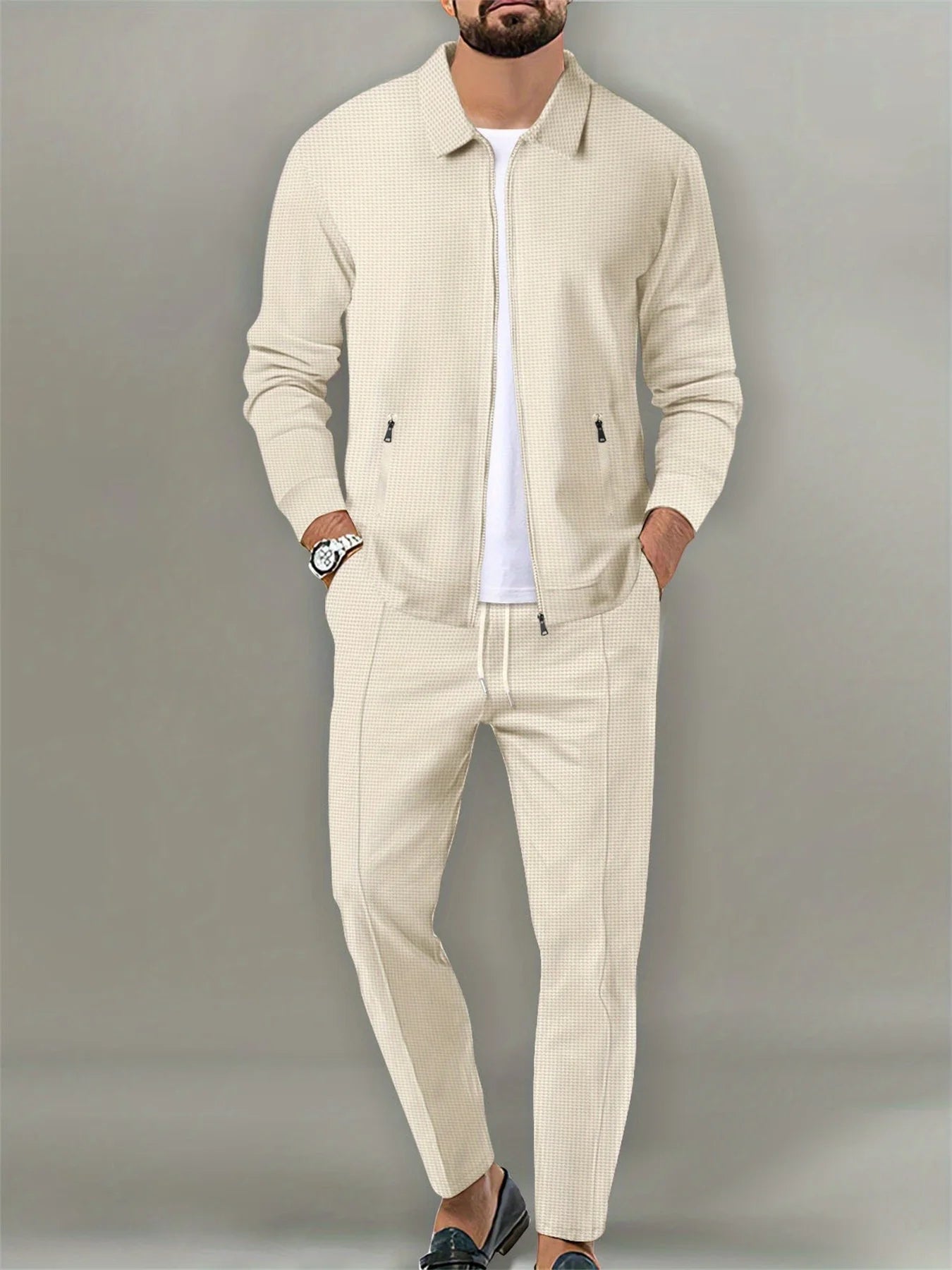 NONECN Mens Waffle Knit Coat With Zipper Pocket Lapel