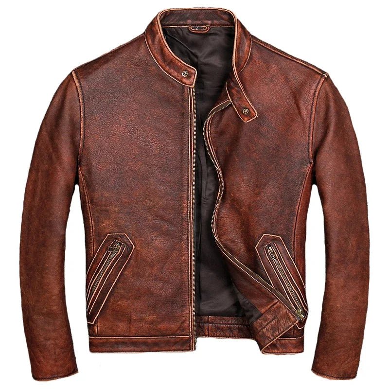 Genuine Leather Vintage Thin Sheepskin  or Thick Cowhide Coat For Men