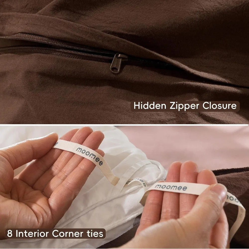 Washed Cotton Duvet Cover Set Linen Like Texture Breathable Soft