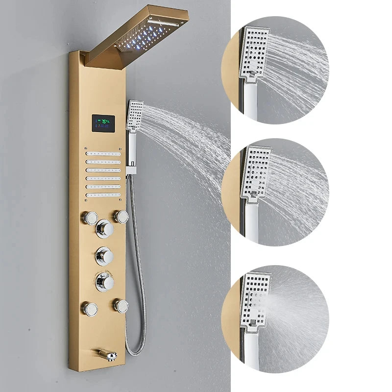 Gold Tone LED Shower Tower System for Bathroom