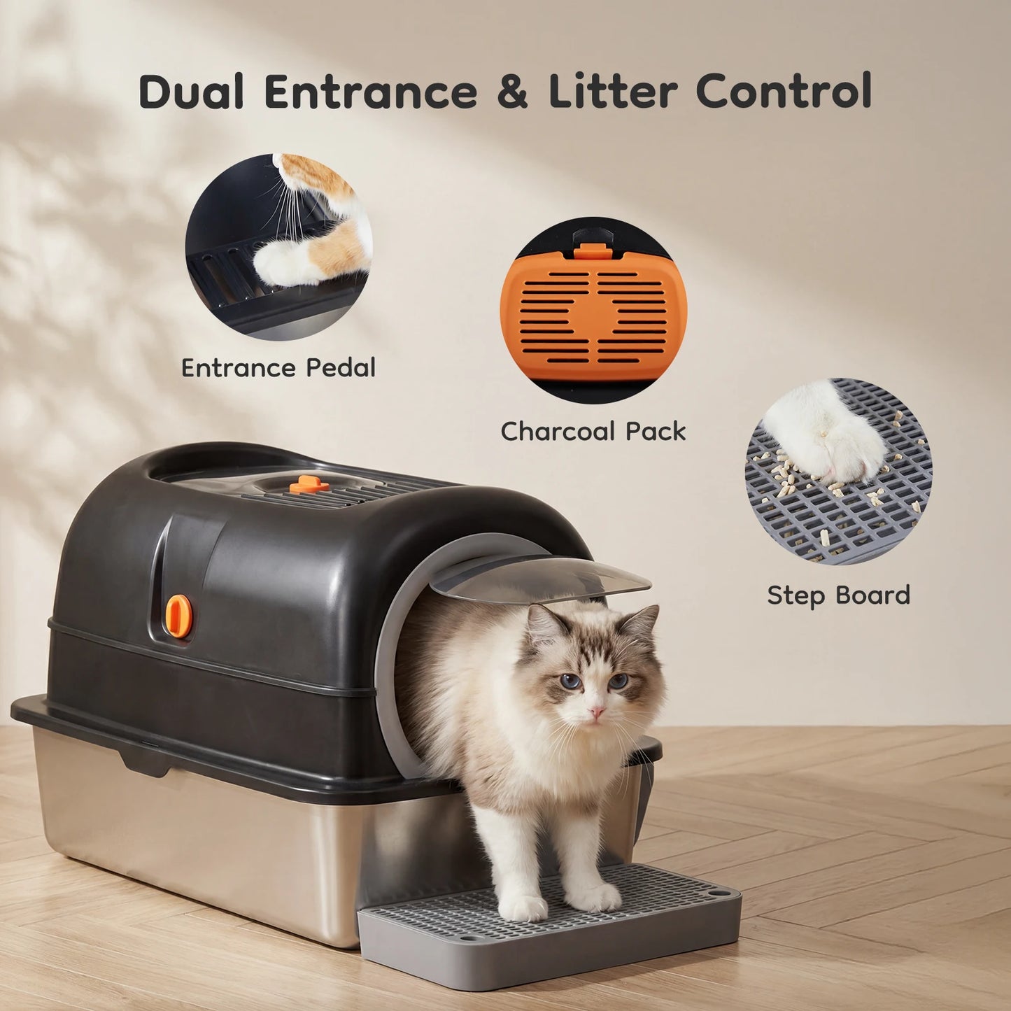 XL Stainless Steel Covered Cat Litter Box with Lid