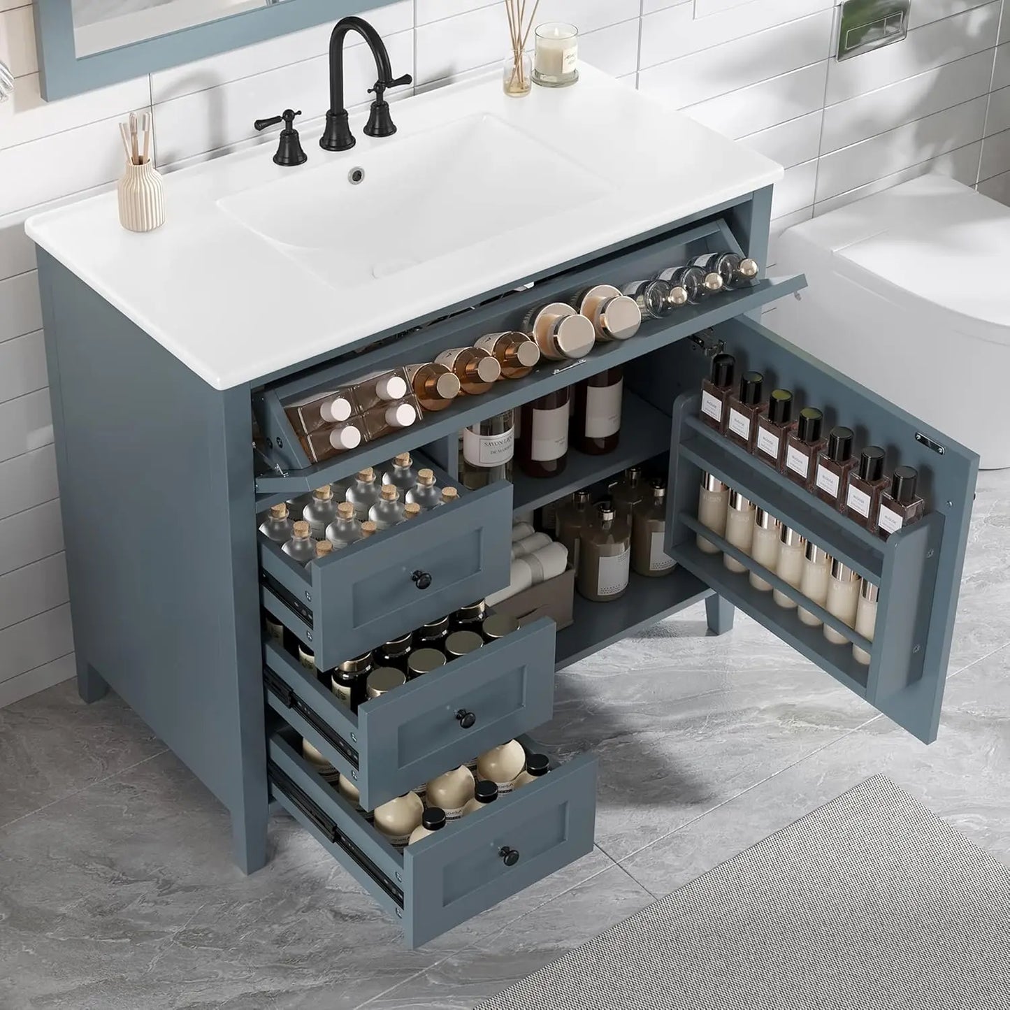 Free Standing Modern Bathroom Vanity With Sink And Tip-Out Drawer