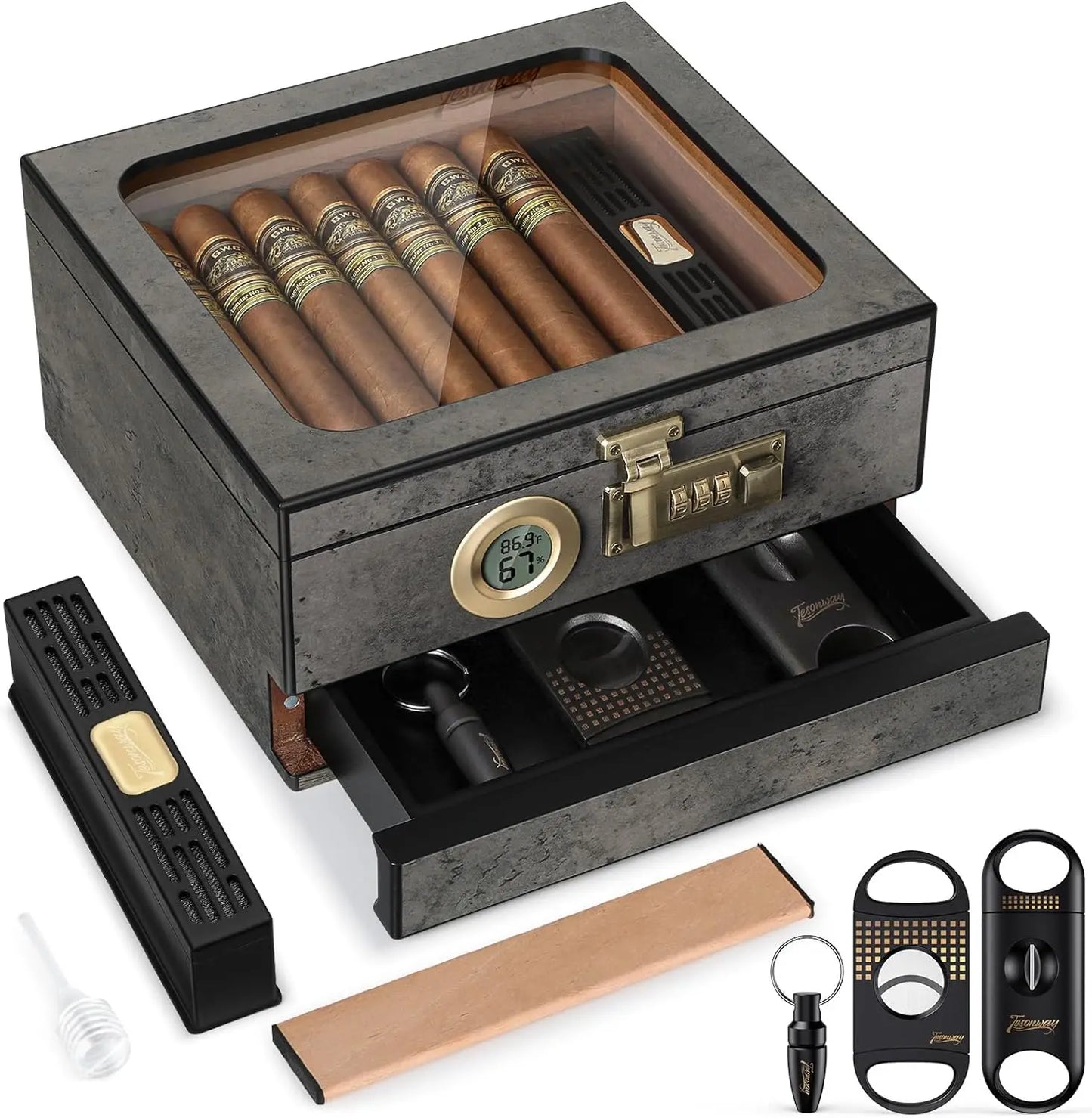 Tesonway Cedar Wood Desktop Cigar Humidor With Front Hygrometer