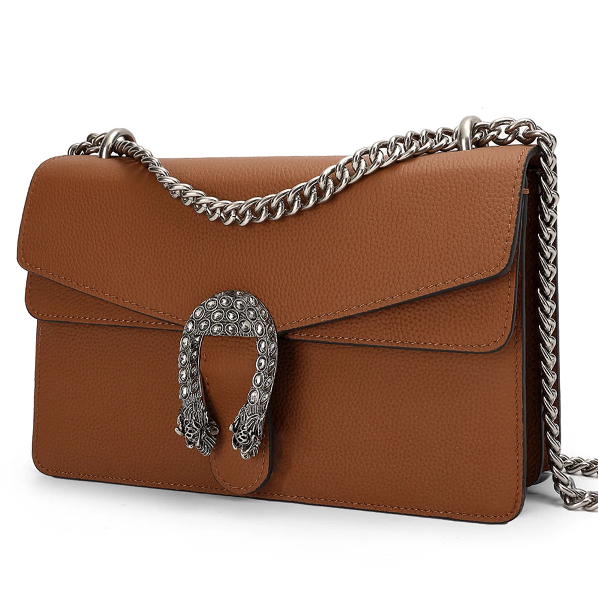 Genuine Leather Crossbody Bag With Elegant Chain Straps
