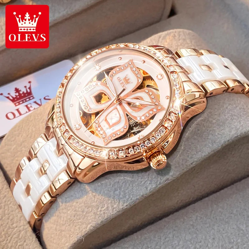 OLEVS Diamond Mechanical Waterproof Watch Gift Set for Women