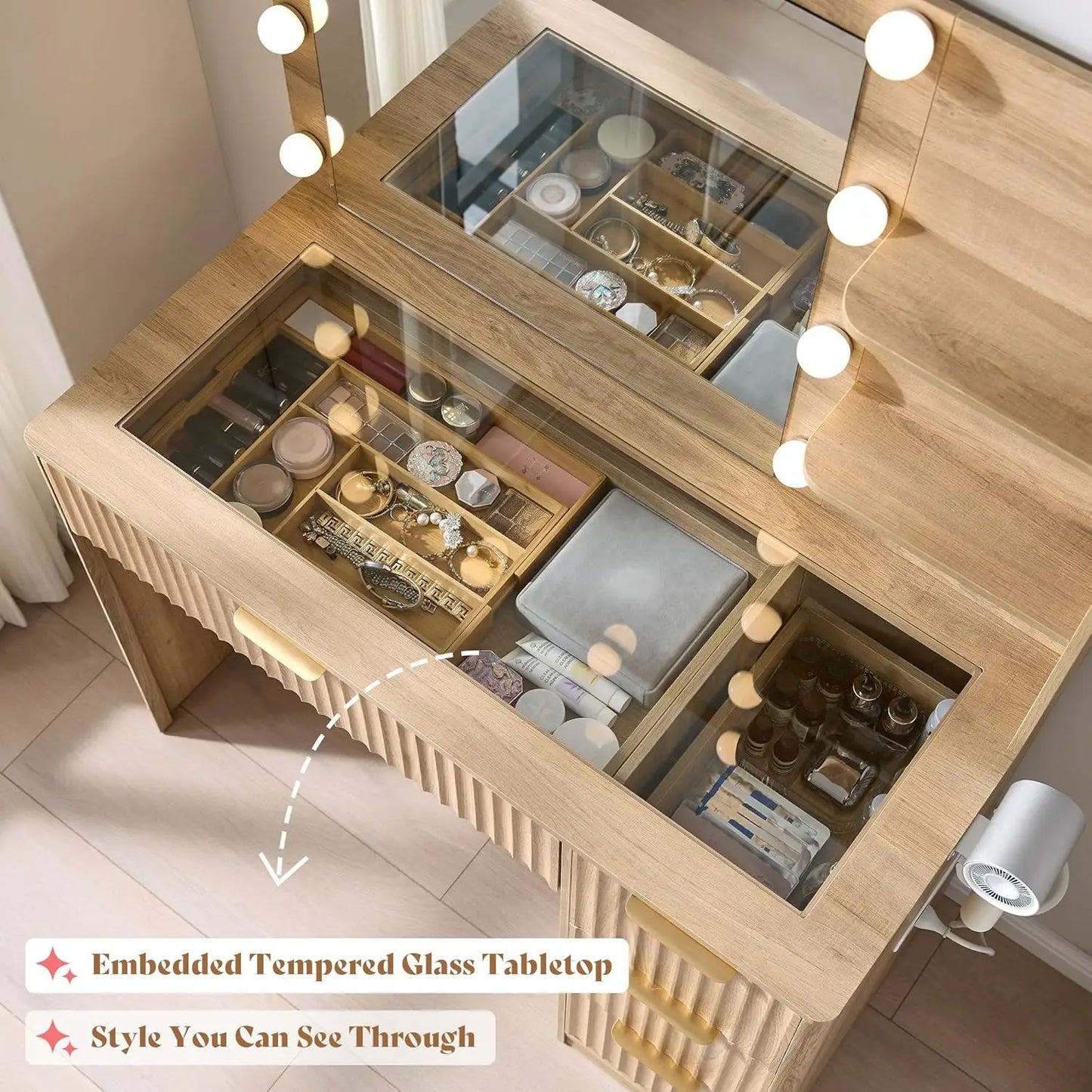 Fluted Vanity Desk With Mirror And Adjustable LED Lights