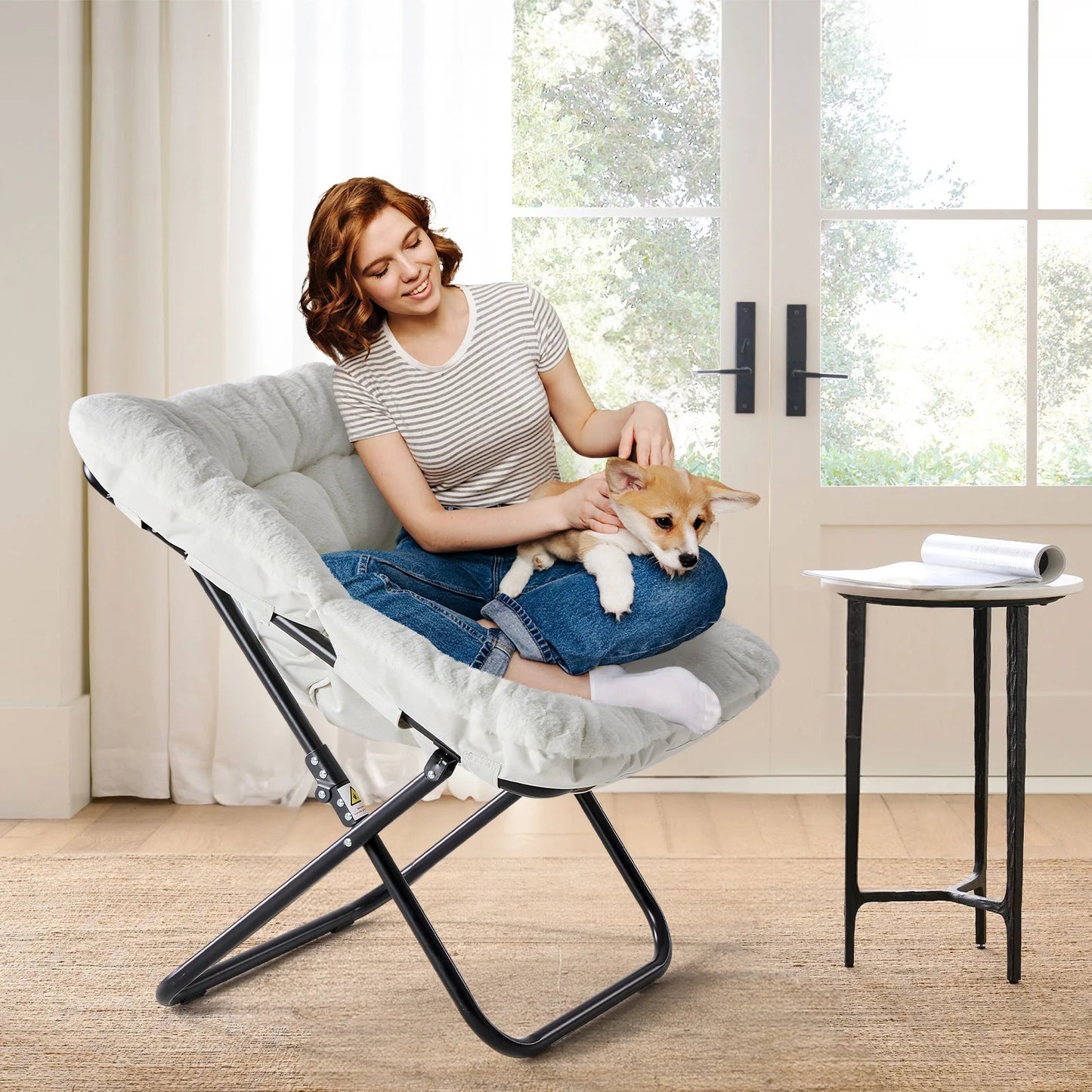 JHK Cozy Faux Fur Folding Lounge Chair for Home Use