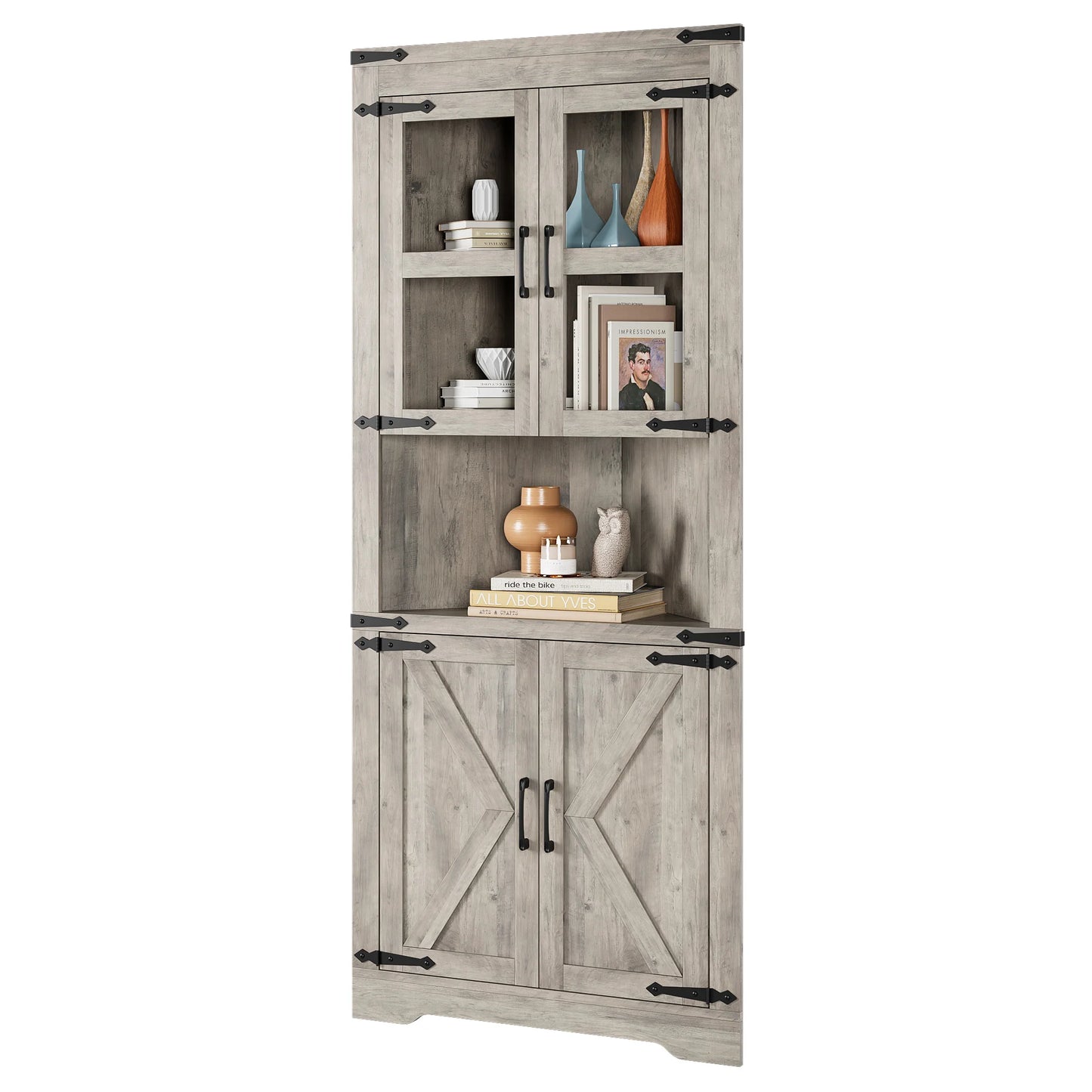 Farmhouse Tall Corner Cabinet With Barn Door And Adjustable Shelves