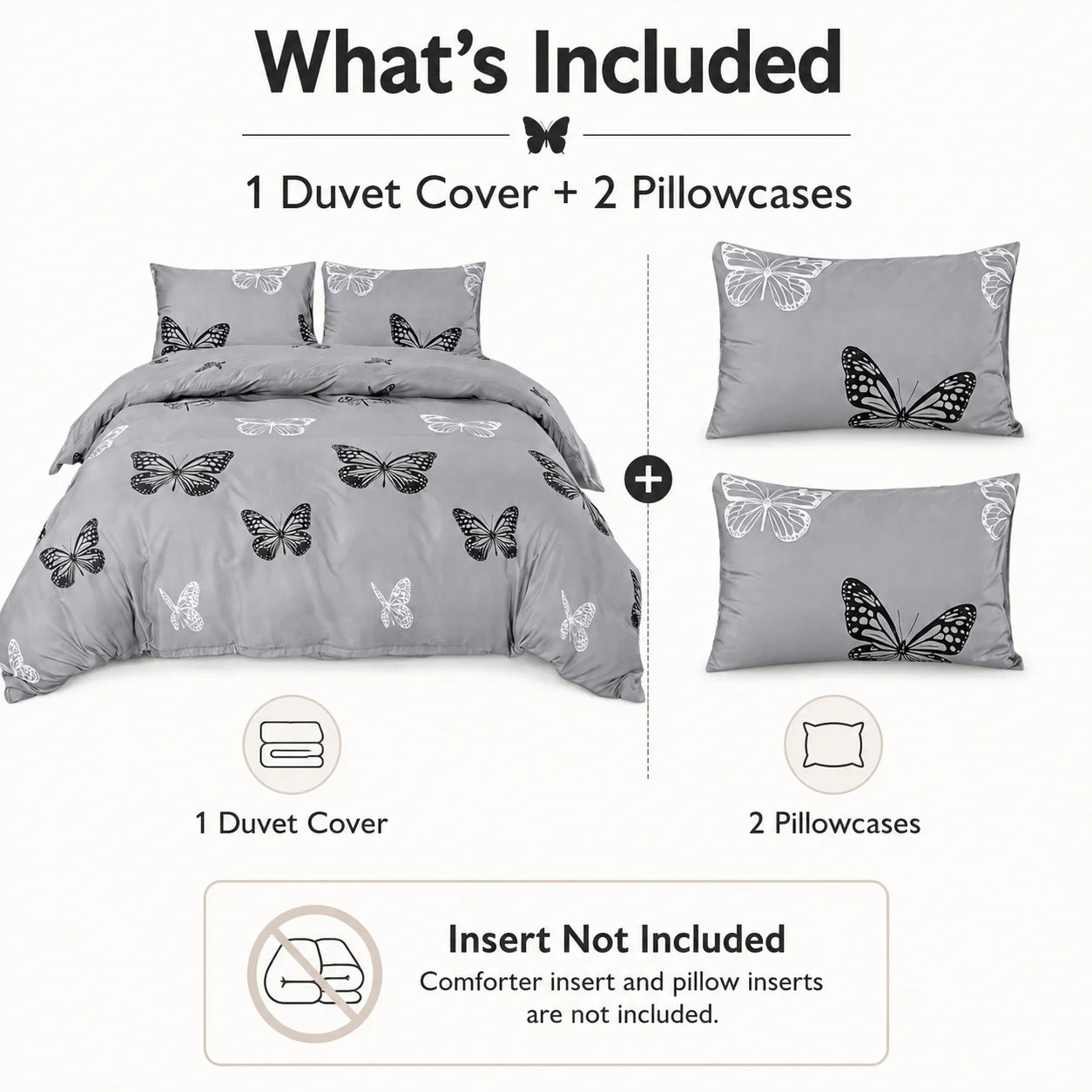 Three Piece Butterfly Duvet Cover Set With Pillowcases