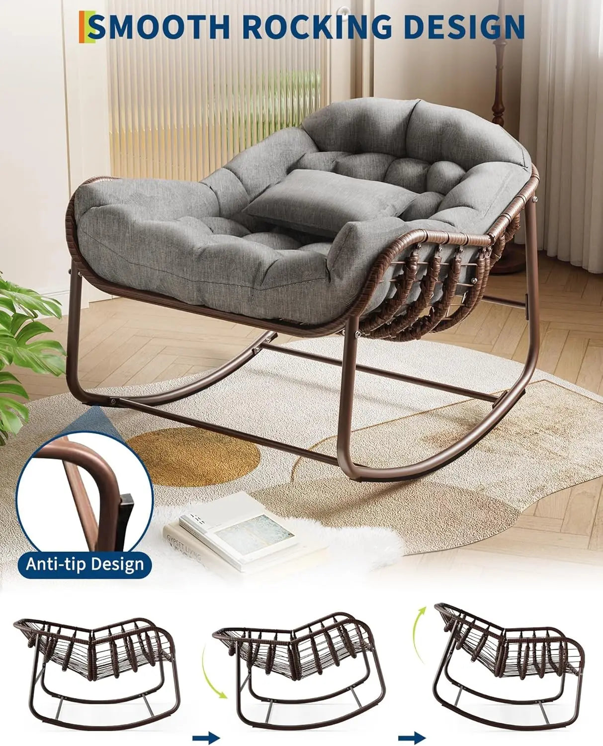 Oversized Papasan Rocking Chair with Cushion