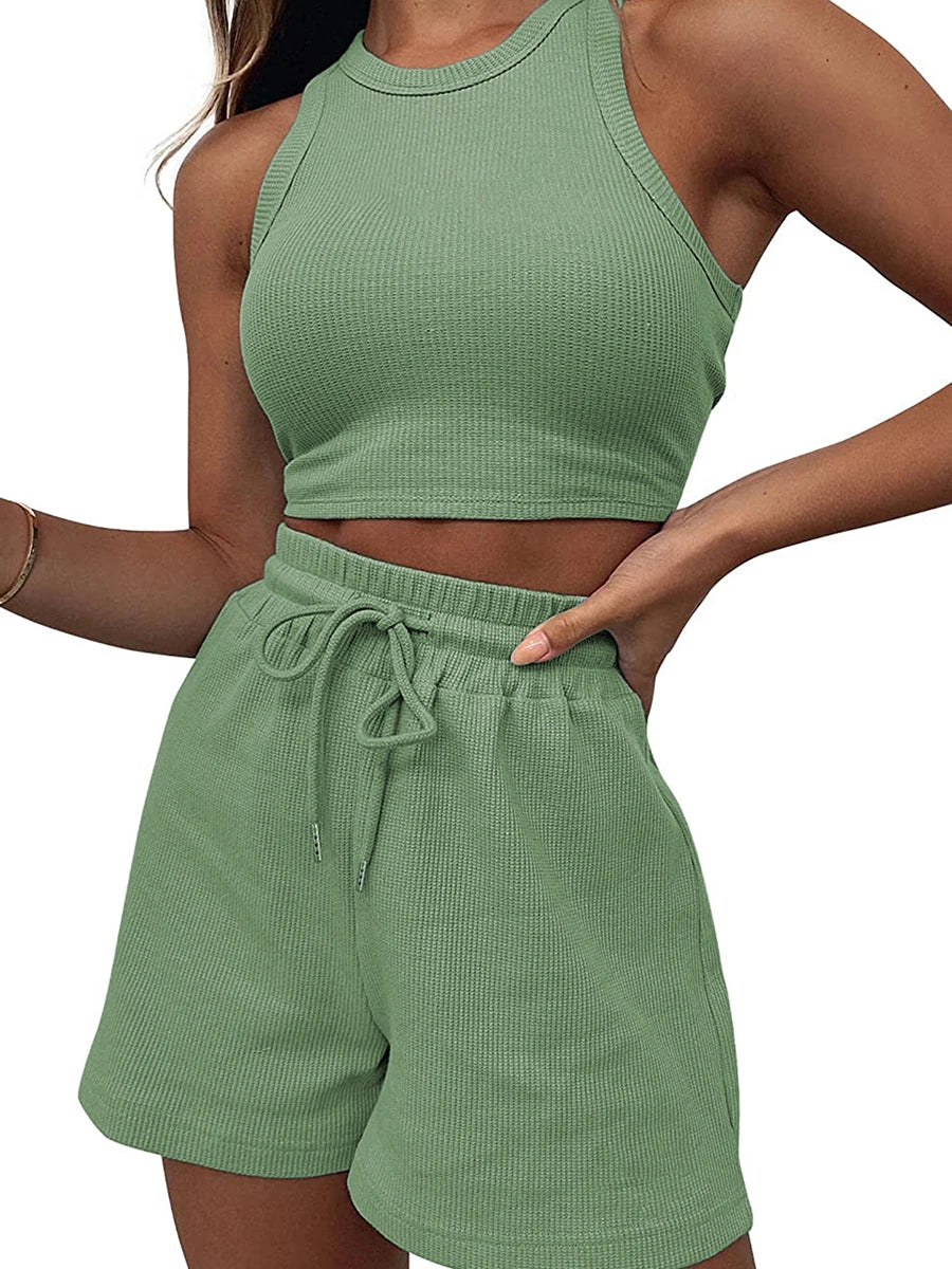 Hirigin Women's Waffle Sleeveless Tank Top Shorts Two Piece Set