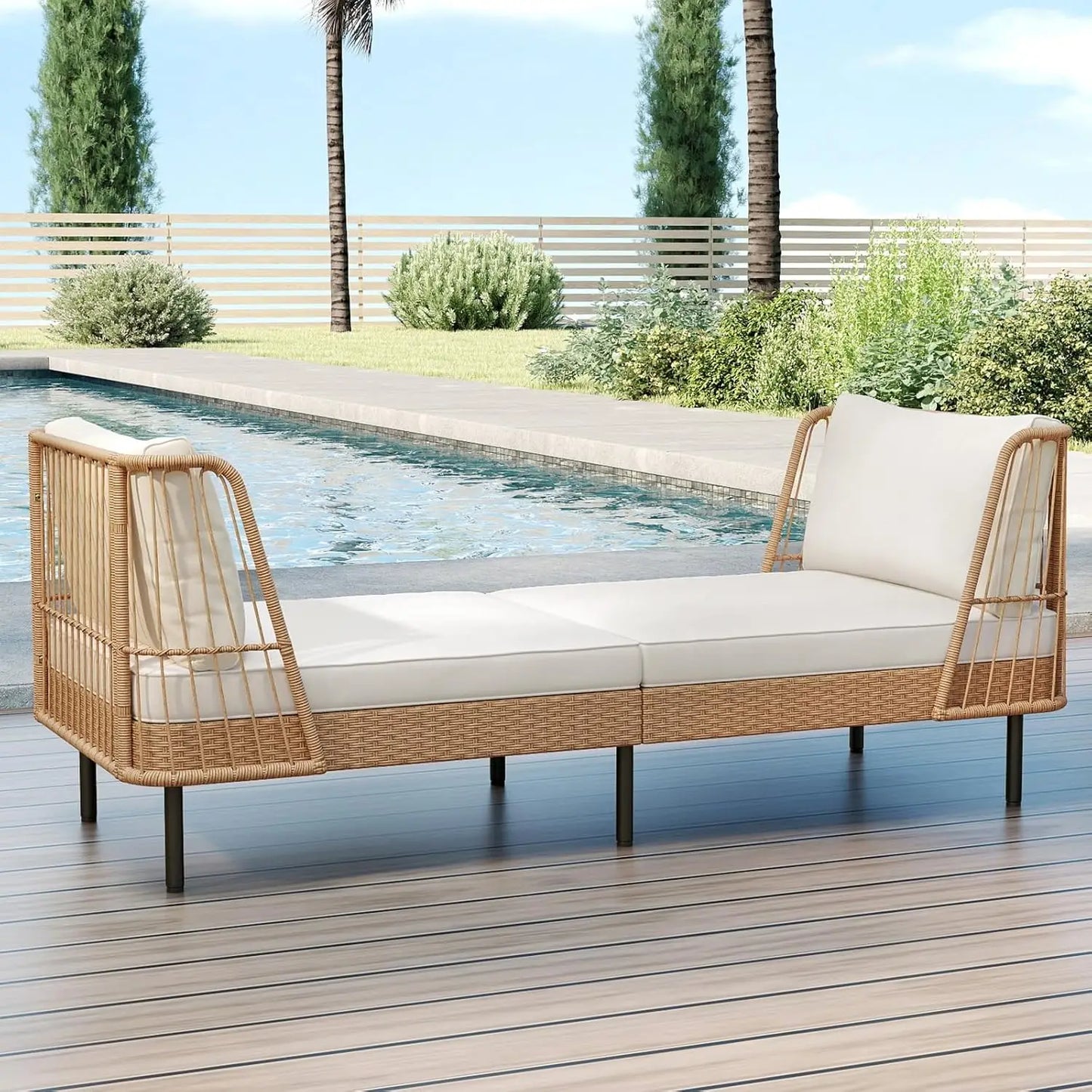 Folded Patio Rattan Daybed Boho Outdoor Wicker Lounge Sofa