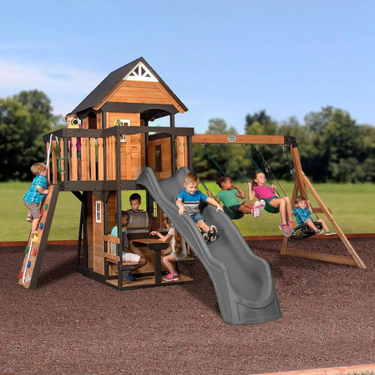 Canyon Creek Cedar Wood Swing Set With Wave Slide Playhouse
