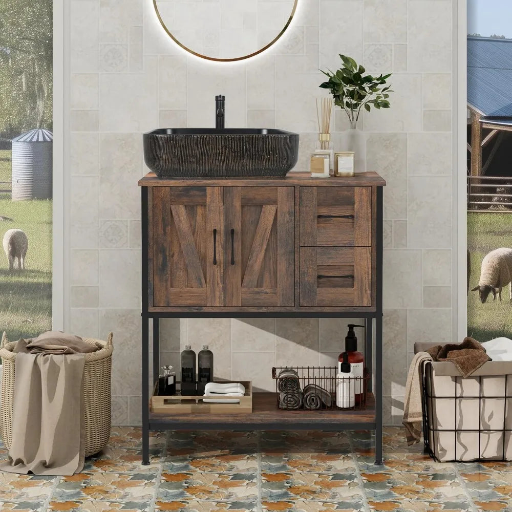 Rustic Farmhouse Vanity Set With Ceramic Sink And Wood Cabinet