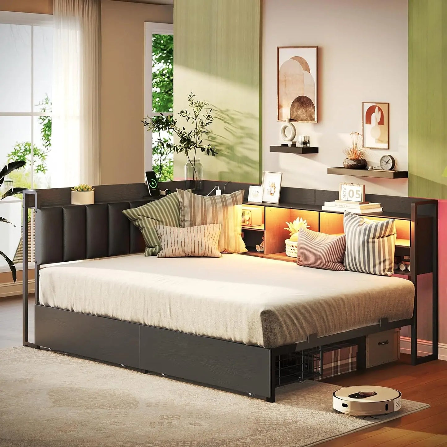 Corner Bed Frame With Bookcase Storage PU Upholstered Twin Daybed With 2 Drawers