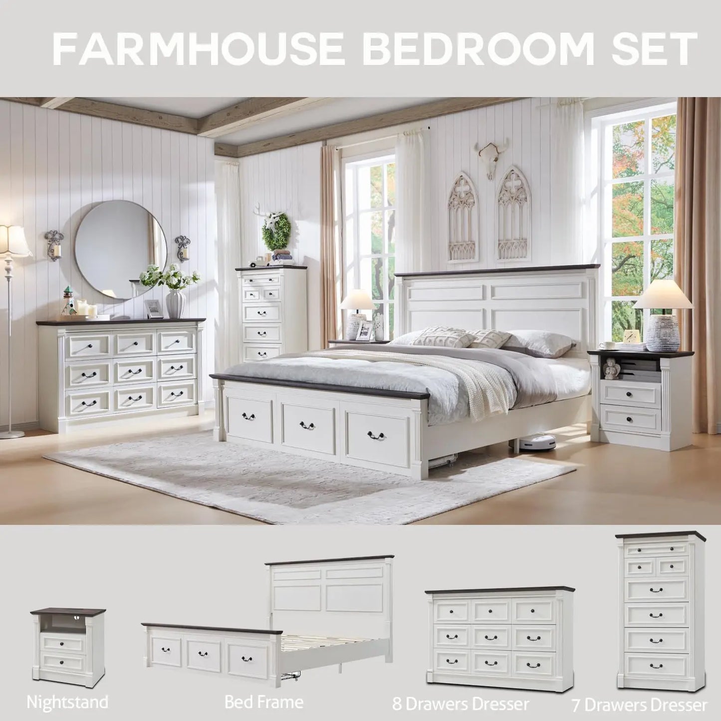 Farmhouse Platform Bed Frame With Storage Drawers