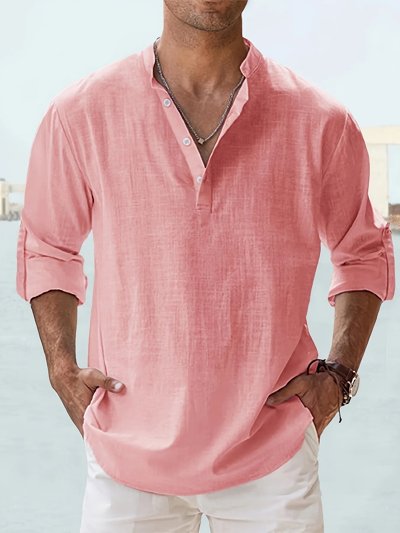 Men's Cotton Linen Stand Collar Long Sleeve Shirt Loose Fit