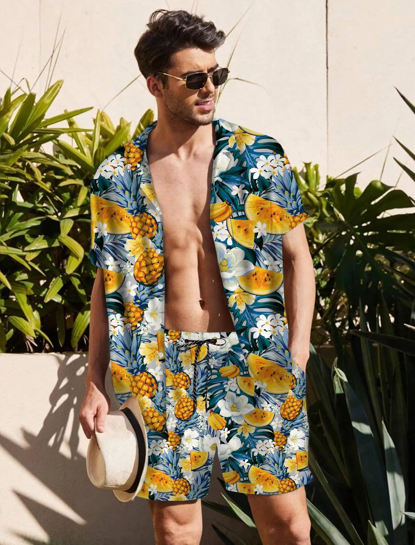 KYKUCN Men Summer Short Sleeve Button Down Beach Shirt Set