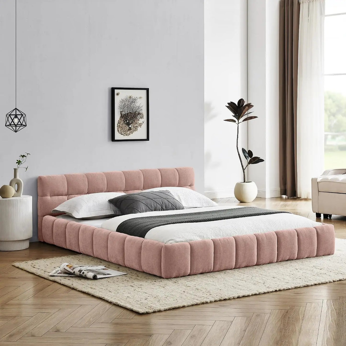 Custom Chenille Upholstered Platform Bed Frame With Cloud Soft Headboard